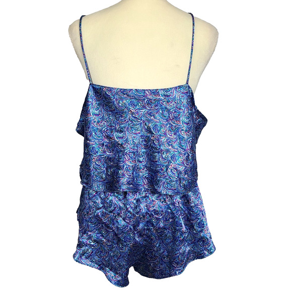 VTG Henson Kickernick Satin Robe Tank Shorts Large Blue Peacock Pajamas Lounge - Picture 6 of 16